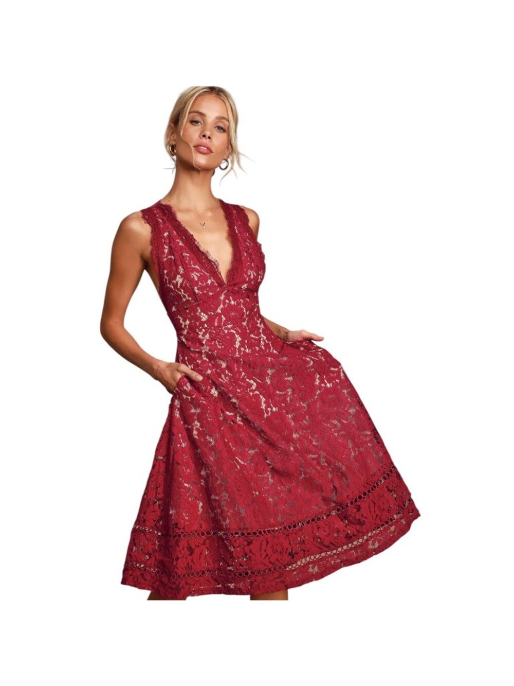 Lulus NWT Women's Kiss Kiss Burgundy Lace Sleeveless Midi Dress, Size M